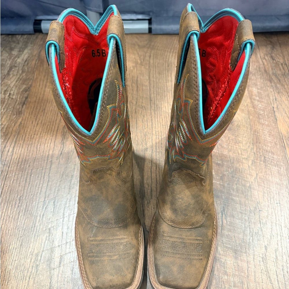Ariat Brown Western Boots with Red and Blue Accents - Picture 2 of 3